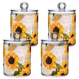 JUMBEAR 4 Pack Sunflower Qtip Holder Dispenser with Lid, 14 oz Clear Plastic Apothecary Jar Set for Bathroom Vanity Organizers Storage Containers
