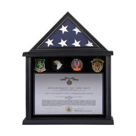 Zmiky Flag Display Case American Flag Solid Wood Display Case Fits a 3 X 5 Flag Folded Military Shadow Box with Felt Lining Holder for Certificate Pins Insignia Medals, Black