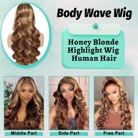 Highlight Ombre 13x6 Lace Front Wig Human Hair 220% Density Honey Blonde Ombre Highlight Body Wave Human Hair Wig Pre Plucked with Baby Hair 4/27 Highlight Wigs for Women 28 Inch