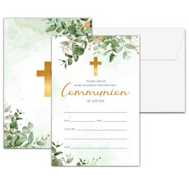 Eucalyptus Baptism Invitations, Gold Foil First Holy Communion Religious Party Invitation, Christening Naming Ceremony, 25 Invitation Cards With 25 Envelopes(C01)