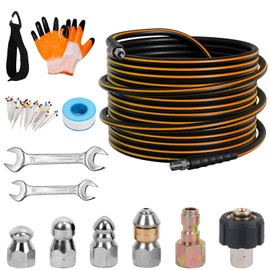 AMOPRO 50FT Sewer Jetter Kit for Pressure Washer, 5800PSI Drain Cleaner Hose 1/4 Inch NPT Corner Rotating and Button Nose Sewer Jetting Nozzle Spanner Watertight Tape Pearl Corsage Pin Handle Strap