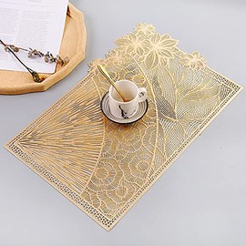 Hosoncovy 4 Pack Decorative Placemats Rectangle Placemat PVC Placemats Hollow Table Place Mats Heat Resistant Non-slip Dining Placemats Leaf Placemat Flower for Home Kitchen (Gold)