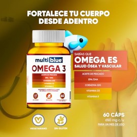 MultiBlue - Omega 3 Salmon Oil 60 Capsulas | Con Aceite de Pescado, EPA, DHA, CoQ10, Vitamina D3 y E | Sin Gluten, 100% Naturales, Libres de OMG | Certificado GMP | 2 caps diarias, 1 mes - Sabor Limon