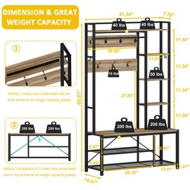 BON AUGURE Farmhouse Hall Tree for Entryway, Mudroom Bench with Shoe Storage, Large Coat Rack Shoe Bench with 5 Tier Open Shelves, Adjustable Side Hooks and Hanging Rod for Foyer (Vintage Oak)