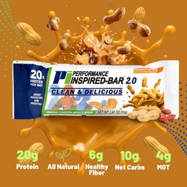 Performance Inspired Nutrition - Protein Bar 2.0 – Contains - 20G Protein - 6G Fiber - 4g MCTs - 1 Billion CFU Probiotics – 1G Prebiotics - G Free – BIG 70g Bar - Peanut Butter - 12Ct. Box