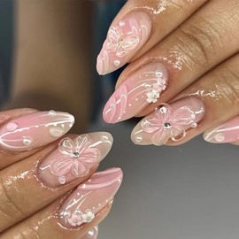 FNKFNK Pink Flower Press on Nails Medium Almond Fake Nails with 3D Rhinestones Pearl Designs Glossy Blush False Nails Reusable Embossed Floral Butterfly Acrylic Nails for Women 24Pcs