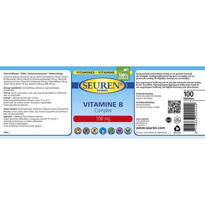 Seuren Nutrients | Vitamin B Complex 100 Tabletten | hochdosiert
