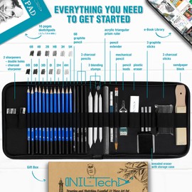 NIL-Tech Art Supplies Graphite Drawing Pencils and Sketch Set (37 Piece Kit) - Complete artist kit Includes Charcoals Kneaded eraser Pencil case Sketchbook and Digital learning resources