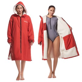 Hiturbo Warm Waterproof Swim Parka: Oversized Hooded Changing Robe - Sherpa Liner Swimming Coat - Recycled Fabric Surf Poncho (Red)