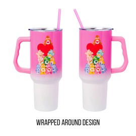 Silver Buffalo Care Bears Watercolor Heart Ombre Stainless Steel Tumbler with Handle and Straw, Fits in Standard Cup Holder, 40 Ounces