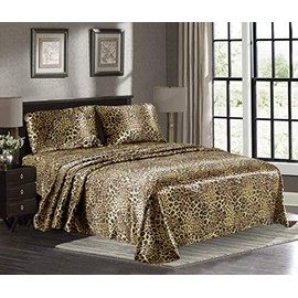 Satin Sheets Full [4-Piece, Gold Leopard] Hotel Luxury Silky Bed Sheets - Extra Soft 1800 Microfiber Sheet Set, Wrinkle, Fade, Stain Resistant - Deep Pocket Fitted Sheet, Flat Sheet, Pillow Cases