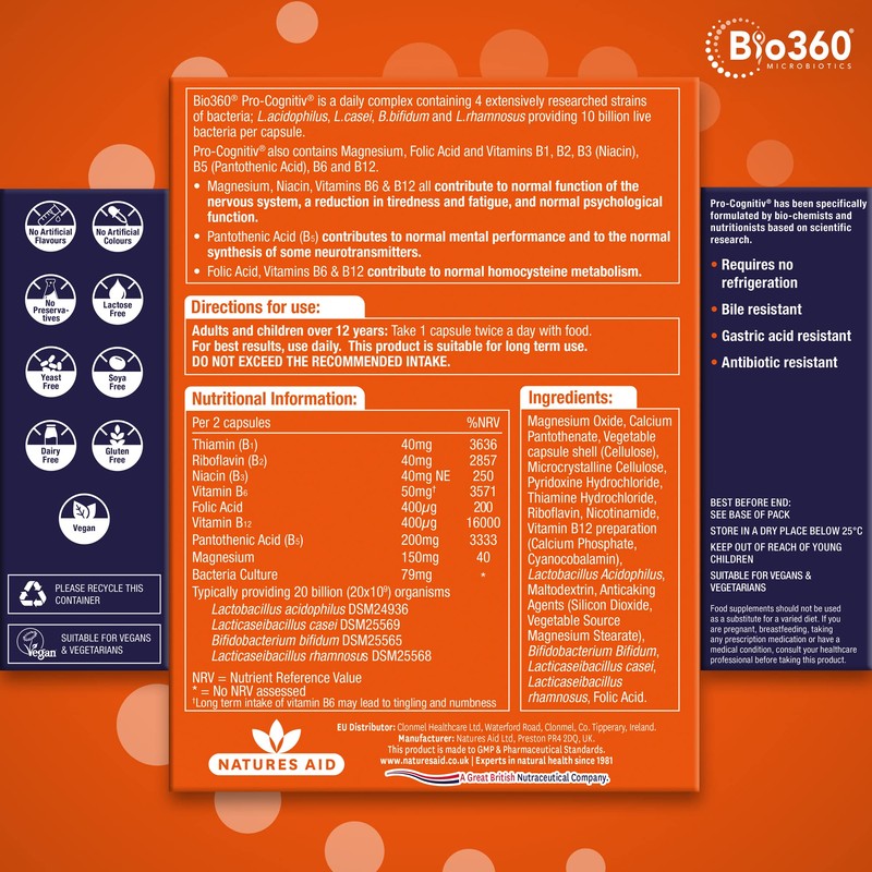 Natures Aid Bio360 Pro-Cognitiv (10 Billion Bacteria), from Natures Aid,