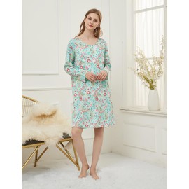 CHUNG Women Nightdress Ladies Nightie Long Sleeve Crew Neck Cotton Sleepwear Cute Pattern Print Loungwear Spring Summer GrnPaisley S