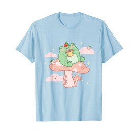 Kawaii Strawberry Frog On Mushroom Pink Anime Cottagecore T-Shirt