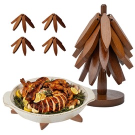 Wooden trivets for hot Dishes – 4 Tree-Shaped Coasters & 1 Stand for Hot Pots, Dishes | Heat-Resistant, Space-Saving Pot Rest & Cozy Kitchen Decor, Tree Trivets for Counter + Special Bonus (Walnut)