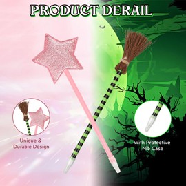 24 Pack Princess & Witch Party Favors - 12 Star Ballpoint Pens & 12 Broom Shape Pens for Kids' Parties, Decorations, Gifts & Witch Themed Celebrations (Pink & Green)