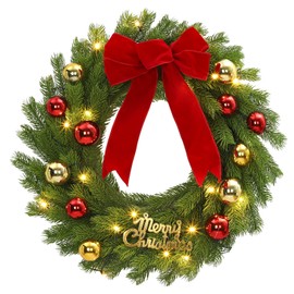 GarveeHome 24 Inch Christmas Wreath for Front Door, Pre-Lit LED Lights Christmas Decor with Red Bow & Balls, Artificial Pine Greenery Wreath for Home Fireplace Wall Window Porch Entryway