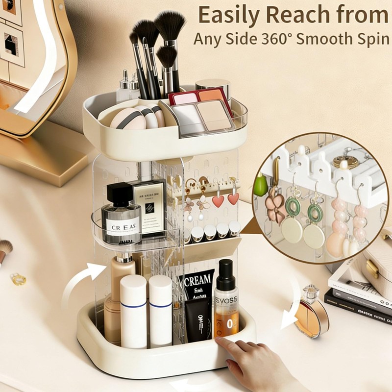 360 Spinning Rotating Makeup Organizer for Vanity with Adjustable Trays
