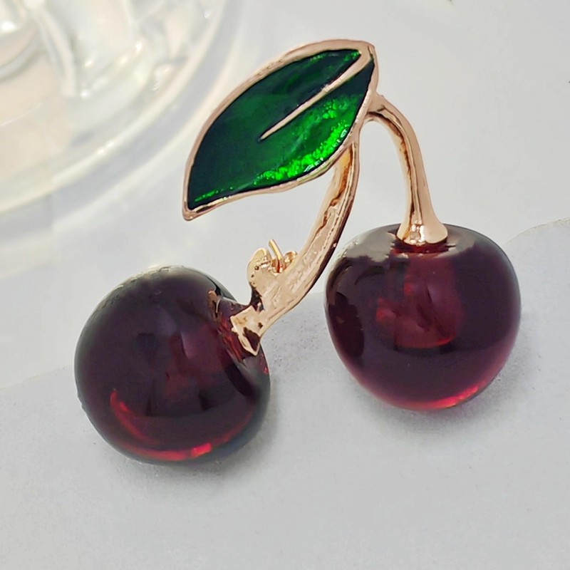 KINMOT Sweet Enamel Green Leaf Double Red Cherry Resin Brooch