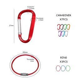 Locking Carabiner Set, 7 D Carabiners Aluminum Alloy 3 Color Wire Ropes for Camping Hiking Fishing Travel Family RV Outdoor Accessories (7 Colors)