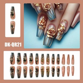 Gold Flower Press on Nails Long Coffin Fake Nails with Design Nude Gradient Glue on Nails Ombre Gold Pearl Stick on Nails Glossy Reusable Spring Summer False Nails for Women Girls Manicure 24pcs