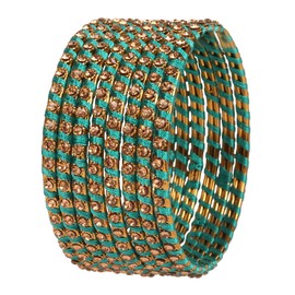 New! Touchstone "Silk Thread Bangle Collection" Indian Bollywood Hand Woven Silk Thread Teal Color Rhinestone Designer Jewelry Bracelets Bangle Set of 8 For Women