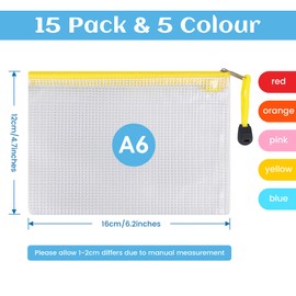 Pack of 30 Document Bags, ipow Zip Pouches, Mesh Bags Set, Zipper Bags for File, Documents, Cosmetics and Travel Utensils (Multicoloured, A6, 15 Pieces)