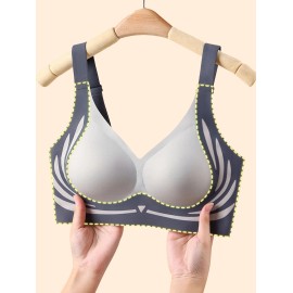 Summer New Fixed Bra Ladies Underwear Solid Color with Lines Comfortable and Breathable Gathered Underwear Women.Color: Blue, Cup Size: M