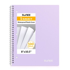 SUNEE Spiral Notebook, 1-Subject, College Ruled Paper, 8" x 10-1/2", 100 Sheets per Notebook, 3-Hole Punched Paper, Water Resistant Cover, Double-sided Pockets, Spiral Lined Notebooks for Work, Purple
