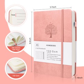 HOMEBOBO Journals for Writing, A5 Leather Ruled Notebook with 400 Pages, 100 Gms College Ruled Journal with Thick Paper, Hardcover with Inner Pocket & Pen Holder, Pink