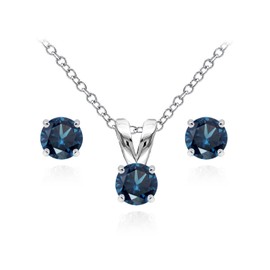 B. BRILLIANT Sterling Silver Simulated London Blue Topaz 5mm Round Solitaire Pendant Necklace and Stud Earrings Set for Women - Classic Style, Female - Adults - Jewelry Set