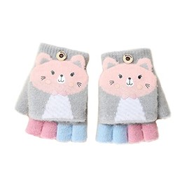 Faxianther Kids Cartoon Cat Rabbit Knitted Gloves, Students Winter Warm Writing Reading Half Finger Gloves Cold-Proof Cycling Camping Ski Full-Finger Gloves Mitts for 3-10 Yrs Girls Boys