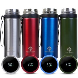 Aqua Gauge Stainless Steel Thermal Bottle, 600 mL, Digital Temperature Display, 4 Colors (Blue)