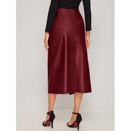 SweatyRocks Women's Elegant High Waist Tie Knot Wrap PU Leather Midi Skirts Burgundy XS
