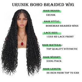 36 Inch Long Boho Knotless Braided Wigs For Women Natural Black 100% Hand Tied 13x6 Bohemian Boho Box Braids Lace Front Wig Synthetic Braid Wig With Baby Hair (Natural Color Braided Wigs, 36 Inch)