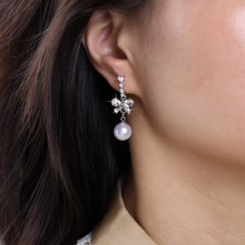 Cimenexe Bohemian Crystal Bow Pearl Dangle Earrings Silver CZ Bow Tie Drop Earrings Small Bar Pearl Earrings Rhinestone Bow Pearl Earrings Jewellery for Women and Girls Gifts, Zinc, No Gemstone