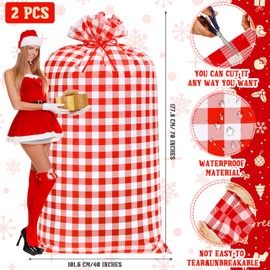 Leinuosen 2 Pcs 70 Inches Extra Large Christmas Gift Bag Oversized Plastic Gift Bags Jumbo Gift Bag with Ropes for Xmas Party Favors Kitchen Supplies Gift Wrapper Heavy Duty Bag (Red and White Plaid)