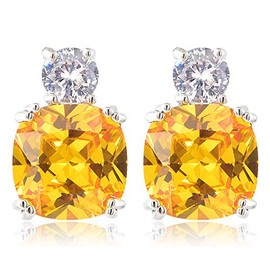 [RIZILIA CLASSIC] Stud Pierced Earrings with Cushion Cut Gemstones CZ [Yellow Citrine] in 18K White Gold Plated, Simple Modern Elegant