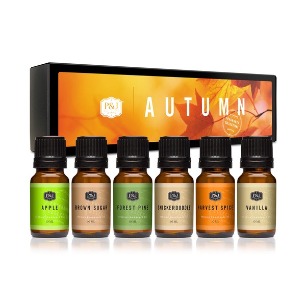 P&J Fragrance Oil Autumn Set | Brown Sugar, Apple, Harvest Spice, Vanilla, Forest Pine, and Snickerdoodle Candle Scents for Candle Making, Freshie Scents, Soap Making Supplies, Diffuser Oil Scents