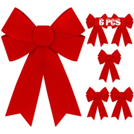 6 PCS Christmas Decorations, 9 x 12 Inches Large Christmas Bows, Red Velvet PVC Hanging Christmas Tree Decorations Indoor Outdoor Xmas Decor for Home Party Wreath Fence Fireplace Stairs Railing Door