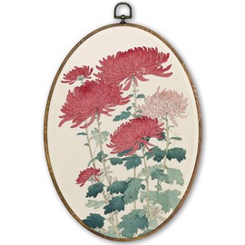 TLESKE Vintage Japanese Japandi Floral Oval Wall Art Decor Framed 9x12, Chinoiserie Chrysanthemum Flower Canvas Wall Art Prints Artwork, Oriental Asian Botanical Wall Hanging Room Decor for Bedroom