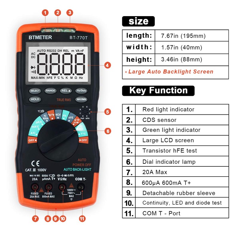 True RMS Digital Multimeter Tester 6000 Counts AC DC 20A
