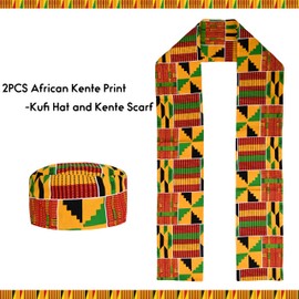 2PCS African Kente Scarf Dashiki Cloth Print Stole Sash and Kufi Hat Sets Perfect for Black History Celebrations Kwanzaa Graduation Sash Stole African Turban Clothes for Men Women