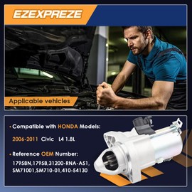 Ezexpreze 17958N Starter Compatible with Honda Civic 2006 2007 2008 2009 2010 2011 1.8L, 12V 1.2KW 9-Teeth Clockwise, OE#, 31200-RNA-A51,SM71001,41054130