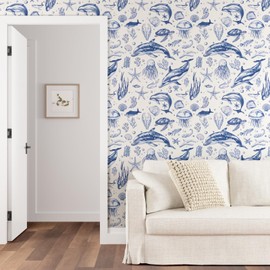 Whale Wallpaper Peel and Stick, Blue Sea Ocean Contact Paper, Underwater World Wall Paper Self Adhesive Removable Waterproof for Children's Room Bathroom Shelves Cabinet Table Drawer 17.5" x 118"