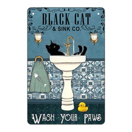 Metal Wall Decor, Garden Sign, Gift Street Sign – Wash Your Paws Funny Black Cat Vintage Metal Wall Sign for Bathroom, Café, Pub Decor 8x12