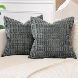 JOTOM Corduroy Soft Striped Decorative Throw Pillow Covers 24x24 Inch Square Cushion Covers 60x60 cm Boho Home Decor Pillowcases Cushion Case for Sofa Couch Living Room Bed Set of 2 (Smoky Grey)