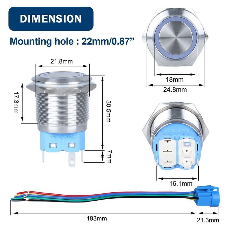 DMWD 1Pc 22mm Momentary Metal Push Button Switch 12V 24V