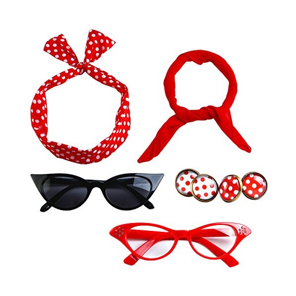 Aneco 6 Pack 50s Set Chiffon Scarf Cat Eye Glasses Bandana Tie Headband Earrings(Red)