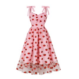 Pink Strawberry Dress Women Sleeveless Tie Spaghetti Strap Dress Red Strawberry Print Dress Strawberry Pattern Dress for Women Princess Homecoming Dresses Tulle Prom Dress Cocktail Party Dress berry S